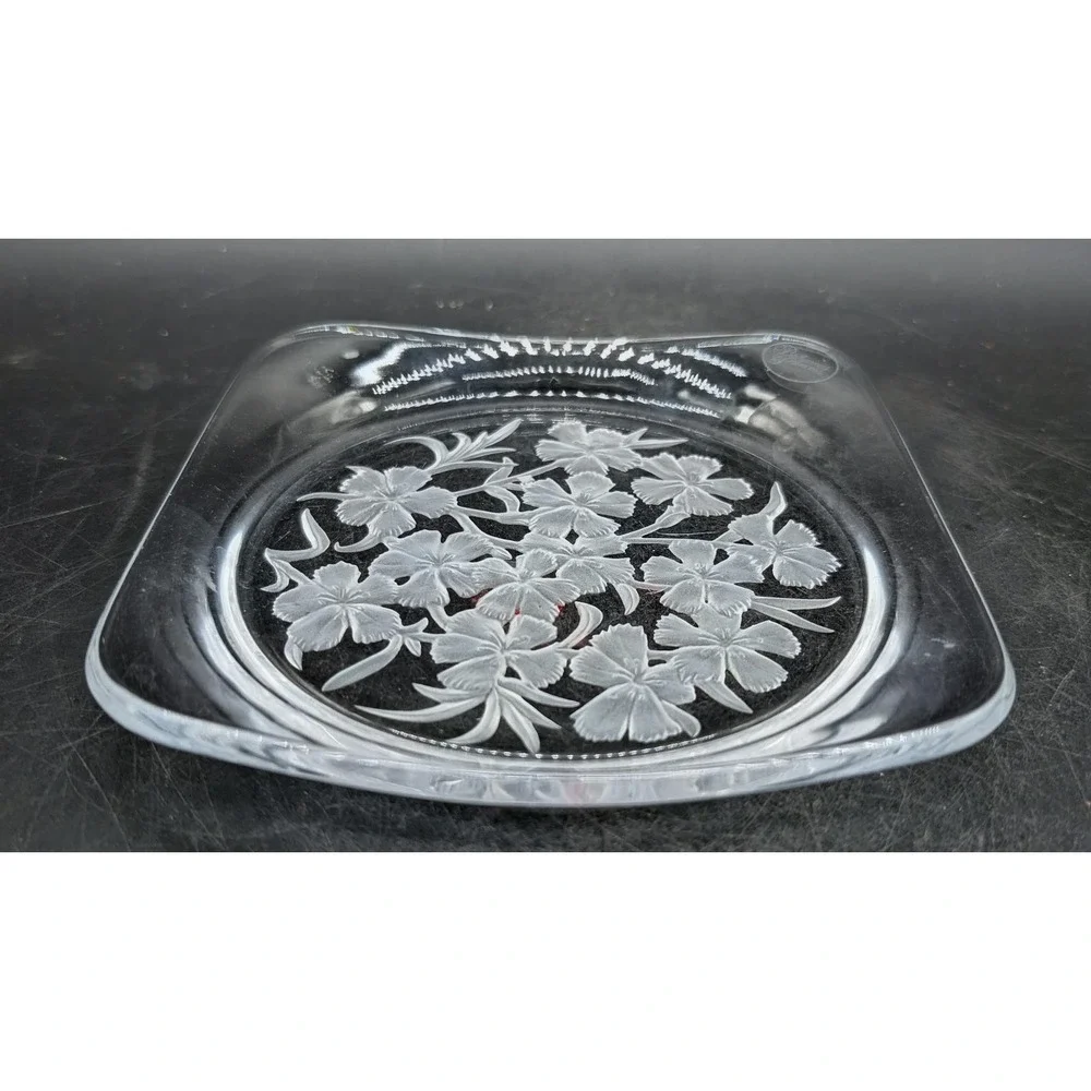 Vintage Bahamas Princess Frosted Floral Clear Glass Square‎ Serving Tray Dish